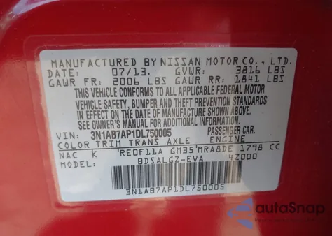 2013 Nissan Sentra Sl from USA, damaged, VIN 3N1AB7AP1DL750005